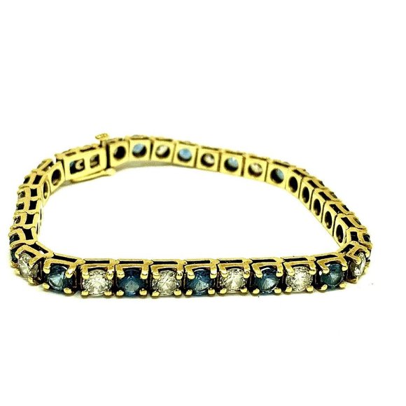 14k Yellow Gold Tennis Bracelet 13CTW Blue & White Cubic Zirconia 7'' inches - Picture 1 of 13